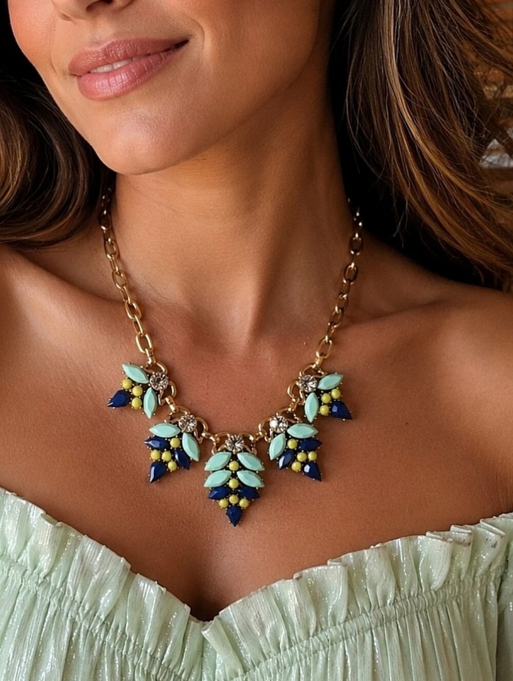 J. Crew Brass Tone Clear Navy Mint Pistachio Stones Statement Necklace Vintage